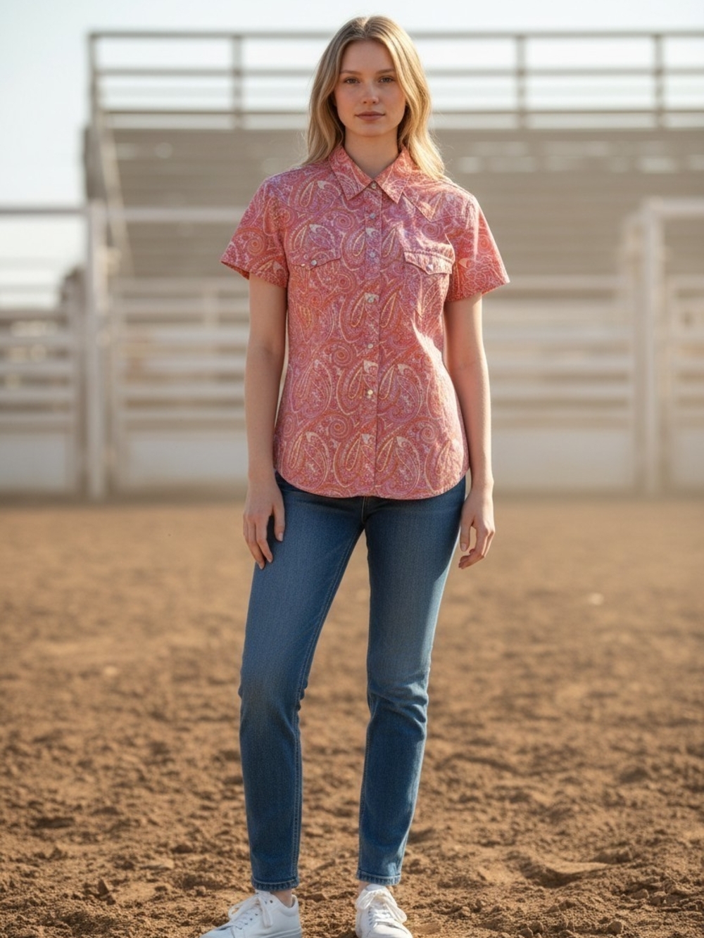 Panhandle Rough Stock Pink Paisley Western Pearl Snap Shirt Women's Small